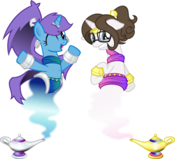Size: 3744x3412 | Tagged: dead source, safe, artist:nxzc88, oc, oc only, oc:pyrisa miracles, oc:sleepy zee, genie, genie pony, pony, unicorn, armband, belly button, bracelet, clothes, duo, ear piercing, earring, floppy ears, geniefied, glasses, gritted teeth, headband, high res, horn, horn ring, jewelry, lamp, one eye closed, open mouth, piercing, ponytail, scarf, shantae, show accurate, simple background, smiling, smoke, transformation, transformed, transparent background, vector, waistband