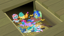 Size: 1920x1080 | Tagged: safe, screencap, gallus, ocellus, sandbar, silverstream, smolder, yona, changedling, changeling, dragon, earth pony, griffon, hippogriff, pony, yak, g4, horse play, butt, clothes, clothing damage, costume, discovery family logo, fake beard, fake ears, fake horn, female, male, prosthetic butt, star swirl the bearded costume, student six, teenager