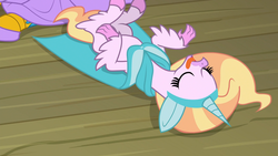 Size: 1920x1080 | Tagged: safe, screencap, gallus, silverstream, classical hippogriff, griffon, hippogriff, g4, horse play, acting, clothes, costume, fake ears, fake horn, on back, playing dead, solo focus, tongue out