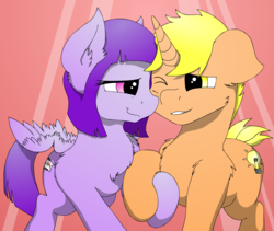 Size: 2848x2400 | Tagged: safe, artist:konigbouncer, oc, oc:bright idea, oc:marebox, pegasus, pony, unicorn, high res, nuzzling, spread wings, wingboner