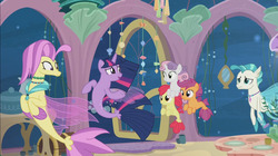 Size: 1421x797 | Tagged: safe, screencap, apple bloom, ocean flow, scootaloo, sweetie belle, terramar, twilight sparkle, alicorn, seapony (g4), g4, season 8, surf and/or turf, bubble, clothes, cropped, cutie mark crusaders, dorsal fin, female, fin, fin wings, fins, fish tail, flowing mane, flowing tail, horn, mare, monochrome, ocean, open mouth, open smile, sad, scales, sea-mcs, seaponified, seapony apple bloom, seapony scootaloo, seapony sweetie belle, seapony twilight, seaquestria, see-through, smiling, species swap, swimming, tail, twilight sparkle (alicorn), underwater, water, wings