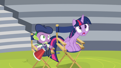Size: 1920x1080 | Tagged: safe, screencap, spike, twilight sparkle, alicorn, pony, g4, horse play, chair, director's chair, discovery family logo, megaphone, twilight sparkle (alicorn)