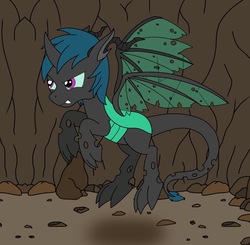 Size: 1175x1152 | Tagged: safe, artist:linedraweer, oc, oc only, oc:von, changeling, dracony, dragon, hybrid, cave, changeling oc, commission, dragon oc, fangs, male, solo, species swap, tail, wings