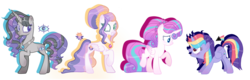 Size: 1023x326 | Tagged: safe, artist:peachjay, princess flurry heart, oc, oc:penumbra, oc:prism dusk, oc:sol radiance, alicorn, pegasus, pony, unicorn, g4, base used, concave belly, female, mare, offspring, older, parent:king sombra, parent:princess celestia, parent:princess luna, parents:celestibra, simple background, slender, thin, transparent background