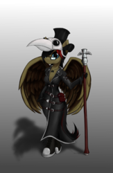 Size: 587x898 | Tagged: safe, artist:shamziwhite, oc, oc only, pegasus, anthro, belts, clothes, coat, converse, female, glasses, hat, mask, plague doctor, plague doctor mask, pouch, shoes, silver, simple background, solo, staff, wings, ych result