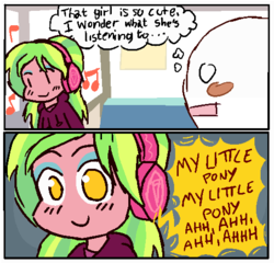 Size: 508x488 | Tagged: safe, artist:threetwotwo32232, lemon zest, human, equestria girls, g4, 30 minute art challenge, comic, dialogue, headphones, in-universe pegasister, meme, no pupils, parody, ponified, text, theme song