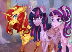 Size: 1600x1160 | Tagged: safe, artist:castaspellliana, starlight glimmer, sunset shimmer, twilight sparkle, alicorn, pony, unicorn, g4, coat markings, counterparts, curved horn, female, horn, mare, smiling, trio, twilight sparkle (alicorn), twilight's counterparts