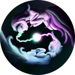 Size: 1024x1024 | Tagged: safe, artist:srnecka-art, artist:srneckaart, starlight glimmer, trixie, pony, unicorn, g4, abstract background, cutie mark, duo, female, floating, glowing horn, horn, magic, mare, yin-yang