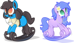 Size: 3183x1843 | Tagged: safe, artist:nxzc88, oc, oc:aria, oc:liatris blossomheart, earth pony, lucario, pony, duo, female, high res, inanimate tf, pokémon, ponified, reins, rocking, rocking horse, simple background, transformation, transformed, transparent background, vector