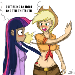 Size: 700x700 | Tagged: safe, artist:johnjoseco, edit, applejack, twilight sparkle, human, g4, horse play, applejack's hat, batman, batman slaps robin, belly button, blushing, cowboy hat, cutie mark on human, dialogue, front knot midriff, frustrated, frustration, hat, honesty, humanized, midriff, my parents are dead, simple background, slap, slapping, white background