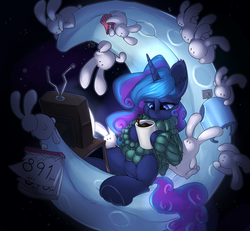 Size: 2700x2500 | Tagged: safe, artist:passigcamel, princess luna, alicorn, pony, rabbit, g4, calendar, clothes, crescent moon, female, food, high res, mare, moon, mug, popcorn, sweater, tangible heavenly object, television