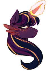 Size: 718x945 | Tagged: safe, artist:artistwave, twilight sparkle, pony, g4, alternate color palette, bust, coat markings, dappled, feather, female, freckles, glowing horn, horn, horn jewelry, jewelry, lidded eyes, mare, profile, redesign, simple background, solo, white background