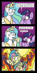 Size: 1284x2492 | Tagged: safe, artist:bobthedalek, fluttershy, princess celestia, twilight sparkle, alicorn, pegasus, pony, g4, horse play, bad end, bitchlestia, burning, comic, cosplay, costume, didn't think this through, fire, glowing horn, horn, purple background, shylestia, simple background, stupidity, sun, sun work, this will end in death, this will end in extinction, this will end in fire, this will end in genocide, too dumb to live, twilight sparkle (alicorn), tyrant celestia, whoops, xk-class end-of-the-world scenario