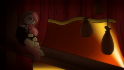 Size: 1920x1080 | Tagged: safe, artist:stuflox, fluttershy, pony, g4, backstage, clothes, crossover, female, looking away, mare, mask, phantom of the opera, scar, sitting, solo