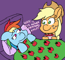 Size: 1000x914 | Tagged: safe, artist:threetwotwo32232, applejack, rainbow dash, earth pony, pegasus, pony, g4, 30 minute art challenge, apple, bed, dialogue, female, food, mare, sick, that pony sure does love apples