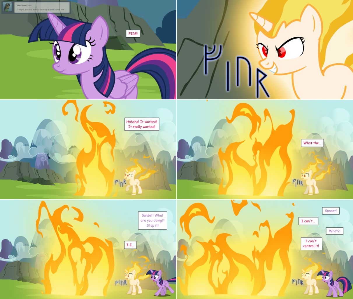 1719987 - safe, artist:hakunohamikage, sunset shimmer, twilight sparkle,  alicorn, pony, ask-princesssparkle, ask, fire, high res, magic, rapidash  shimmer, runes, this will end in pain and/or death, this will not end well,  tumblr,