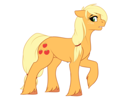Size: 4000x3200 | Tagged: safe, artist:honiibree, applejack, earth pony, pony, g4, female, freckles, mare, missing accessory, raised hoof, simple background, solo, unshorn fetlocks, white background