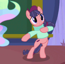 Size: 716x711 | Tagged: safe, screencap, princess celestia, raspberry beret, earth pony, pony, g4, horse play, acting, animated, bipedal, cropped, female, offscreen character, skiing, solo focus