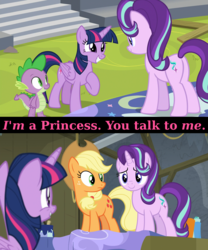 Size: 1920x2312 | Tagged: safe, edit, edited screencap, screencap, applejack, spike, starlight glimmer, twilight sparkle, alicorn, dragon, earth pony, pony, unicorn, g4, horse play, season 8, caption, cute, female, frown, grin, happy, high res, male, mare, smiling, squee, stage, text, theater, twilight sparkle (alicorn), wide eyes