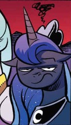 Size: 191x336 | Tagged: safe, artist:andy price, idw, official comic, princess luna, pony, g4, spoiler:comic, spoiler:comic65, cropped, female, luna is not amused, mare, red background, simple background, solo, unamused