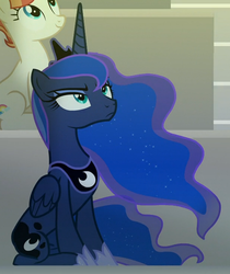Size: 614x731 | Tagged: safe, screencap, princess luna, rainbow stars, alicorn, pony, g4, horse play, cropped, ethereal mane, female, looking up, luna is not amused, mare, sitting, solo focus, starry mane, unamused
