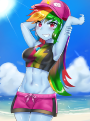 Size: 800x1067 | Tagged: safe, artist:tzc, rainbow dash, equestria girls, equestria girls specials, g4, my little pony equestria girls: better together, my little pony equestria girls: forgotten friendship, abs, adorasexy, arm behind head, armpits, beach, belly button, board shorts, breasts, busty rainbow dash, cap, clothes, crepuscular rays, cute, dashabetes, female, hat, lidded eyes, looking at you, midriff, ocean, sand, sexy, shorts, smiling, solo, swimsuit