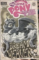 Size: 1321x2048 | Tagged: safe, artist:andy price, princess luna, alicorn, opossum, pony, g4, cloud, crown, cutie mark, dream weaver, female, hooves, horn, jewelry, looking at you, lying on a cloud, mare, monochrome, my little pony logo, on a cloud, pet, prone, regalia, smiling, spread wings, text, tiara, traditional art, wings