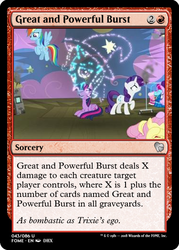 Size: 375x523 | Tagged: safe, edit, edited screencap, screencap, fluttershy, rainbow dash, rarity, starlight glimmer, trixie, twilight sparkle, alicorn, pegasus, pony, unicorn, g4, horse play, female, fireworks, magic the gathering, mare, smoke, trading card, trading card edit, twilight sparkle (alicorn)