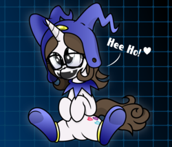 Size: 2779x2364 | Tagged: safe, artist:kutt172, artist:nxzc88, oc, oc only, oc:pyrisa miracles, pony, unicorn, abstract background, clothes, collar, cosplay, costume, cute, female, giggling, glasses, hat, heart, high res, jack frost, jester hat, mare, mask, megami tensei, shin megami tensei, sitting, socks, solo, underhoof, vector