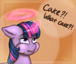 Size: 6500x5500 | Tagged: safe, artist:mintjuice, twilight sparkle, alicorn, pony, g4, absurd resolution, aura, cake, chocolate, chubby cheeks, cute, dialogue, food, glowing horn, halo, horn, innocent, lies, magic, nom, pure unfiltered evil, twilight sparkle (alicorn)