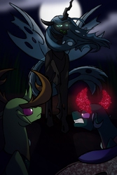 Size: 682x1024 | Tagged: safe, artist:percy-mcmurphy, pharynx, queen chrysalis, thorax, changedling, changeling, changeling queen, fanfic:lingering shadows, g4, changeling king, commission, commissioner:navelcolt, fanfic, fanfic art, fanfic cover, glowing eyes, glowing horn, horn, king thorax, moon, prince pharynx