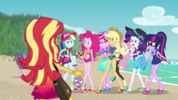 Size: 1024x576 | Tagged: safe, artist:sunsetshimmer333, edit, edited screencap, screencap, applejack, fluttershy, pinkie pie, rainbow dash, rarity, sci-twi, spike, spike the regular dog, sunset shimmer, twilight sparkle, oc, oc:shining heart, dog, equestria girls, equestria girls specials, g4, my little pony equestria girls: better together, my little pony equestria girls: forgotten friendship, angry, applejack's beach shorts swimsuit, argument, beach, bikini, cap, clothes, discussion in the comments, dork, feet, flip-flops, geode of empathy, geode of fauna, geode of shielding, geode of sugar bombs, geode of super speed, geode of super strength, geode of telekinesis, hat, humane five, humane seven, humane six, magical geodes, meme, midriff, one-piece swimsuit, sarong, schrödinger's pantsu, sun hat, swimsuit, waifu thief, wetsuit