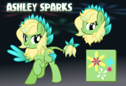 Size: 3365x2286 | Tagged: safe, artist:nxzc88, oc, oc only, oc:ashley sparks, pegasus, pony, bio in description, colored wings, colored wingtips, cutie mark, female, grin, high res, leonine tail, looking at you, neck fluff, raised hoof, reference sheet, show accurate, smiling, solo, vector