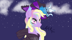 Size: 1600x900 | Tagged: safe, artist:sugarplanets, oc, oc only, oc:lavender moon, pony, bust, cloak, clothes, female, hat, mare, night, portrait, solo