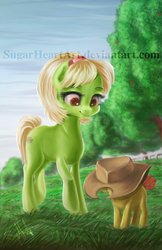 Size: 900x1393 | Tagged: safe, artist:sugarheartart, bright mac, granny smith, earth pony, pony, g4, adorasmith, brightabetes, colt, cottagecore, cowboy hat, cute, female, hat, loving mother, male, mare, mother and son, stetson, watermark, young granny smith, younger