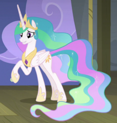 Size: 473x497 | Tagged: safe, screencap, princess celestia, alicorn, pony, g4, horse play, cropped, embarrassed grin, female, mare, raised hoof, solo