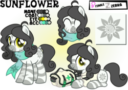 Size: 3000x2117 | Tagged: safe, artist:nxzc88, oc, oc only, oc:sunflower (pyrisamiracles), pony, zebra, bio in description, clothes, cute, cutie mark, eyes closed, female, high res, looking at you, medical saddlebag, prone, reference sheet, scarf, shirt, show accurate, simple background, smiling, solo, standing, transparent background, vector, zebra oc