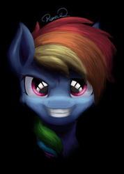 Size: 661x927 | Tagged: safe, artist:ravistdash, derpibooru exclusive, rainbow dash, pony, g4, black background, bust, colored, cool, female, grin, looking at you, portrait, simple background, smiling, solo
