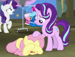 Size: 665x503 | Tagged: safe, screencap, applejack, fluttershy, rarity, starlight glimmer, earth pony, pegasus, pony, unicorn, g4, horse play, season 8, animated, blowing, bucket, caring, clothes, comforting, costume, covering eyes, cowering, cropped, cute, duo focus, female, frown, good friend, mare, open mouth, petting, prone, raised hoof, running, sad, sadorable, scared, shyabetes, smoke, wide eyes, worried