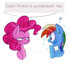 Size: 500x440 | Tagged: safe, artist:drawbauchery, artist:supermarblesoda, color edit, edit, pinkie pie, rainbow dash, mentally advanced series, g4, blushing, colored, female, hoof on chin, implied lesbian, implied pinkiedash, implied shipping, mare, open mouth, speech bubble