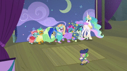 Size: 898x506 | Tagged: safe, screencap, gallus, ocellus, princess celestia, sandbar, silverstream, smolder, spike, yona, alicorn, changedling, changeling, dragon, earth pony, griffon, hippogriff, pony, yak, g4, horse play, animated, beret, boots, clothes, costume, cute, cutelestia, dancing, director, director spike, dragoness, fake beard, fake ears, fake horn, female, hat, male, mare, nailed it, no sound, pants, prosthetic butt, shoes, stage, student six, teenager, trapdoor, vest, webm, wig