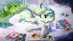 Size: 2666x1500 | Tagged: safe, artist:light262, applejack, coloratura, pacific glow, rarity, valley glamour, vapor trail, pegasus, pony, g4, academy, alternate hairstyle, applejewel, cloud, commission, cute, female, goggles, looking at you, magazine, mare, punk, rainbow waterfall, raripunk, reading, runway, signature, sky, solo, vaporbetes, vertigo