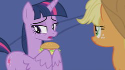 Size: 960x540 | Tagged: safe, edit, edited screencap, screencap, applejack, twilight sparkle, alicorn, pony, g4, horse play, burger, food, hay burger, twilight burgkle, twilight sparkle (alicorn), wing gesture, wing hands