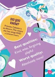 Size: 775x1082 | Tagged: safe, princess celestia, alicorn, pony, g4, official, ultimate guide, blatant lies, captain obvious, did you know?, discussion in the comments, female, flying, heart, looking at you, mare, mary sue, praise the sun, smiling, solo, spread wings, stock vector, text, twilight wrote this, ultimate guide drama, wat, wings
