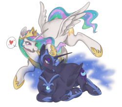 Size: 1746x1521 | Tagged: safe, artist:jus+ice, nightmare moon, princess celestia, alicorn, pony, armor, blushing, crown, cute, cutelestia, cutie mark, duo, ethereal mane, female, flying, heart, helmet, hoof shoes, jewelry, mare, moonabetes, regalia, royal sisters, sibling love, siblings, simple background, sisterly love, sisters, sparkly mane, speech bubble, spread wings, starry mane, white background