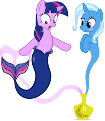 Size: 646x742 | Tagged: safe, artist:navitaserussirus, edit, trixie, twilight sparkle, mermaid, merpony, asktwixiegenies, g4, female, lesbian, mermaidized, ship:twixie, shipping, species swap