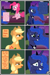 Size: 3254x4837 | Tagged: safe, artist:gutovi, applejack, pinkie pie, princess luna, alicorn, earth pony, pony, comic:why me!?, g4, bed, broken window, comic, mare in the moon, moon, nervous, sweat