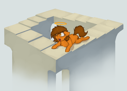 Size: 2614x1856 | Tagged: safe, artist:marsminer, oc, oc only, oc:venus spring, pony, unicorn, afterlife, chest fluff, cutie mark, female, floppy ears, halo, hooves, lying down, m. c. escher, mare, open mouth, penrose stairs, purgatory, solo, venus spring having a bad time