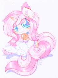 Size: 808x1075 | Tagged: safe, artist:rinsole, oc, oc only, oc:sylphie, pony, unicorn, bell, bell collar, body freckles, chibi, clothes, collar, colored pupils, cute, ear fluff, eye clipping through hair, female, freckles, heart eyes, looking at you, mare, markers, signature, simple background, sitting, smiling, socks, solo, traditional art, underhoof, white background, white socks, wingding eyes