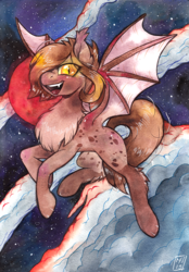 Size: 737x1058 | Tagged: safe, artist:rinsole, oc, oc only, oc:ndege, bat pony, pony, bat pony oc, bat wings, chest fluff, cloud, ear fluff, fangs, female, flying, leg fluff, looking at you, mare, night, night sky, open mouth, signature, sky, slit pupils, solo, spread wings, starry night, traditional art, wings